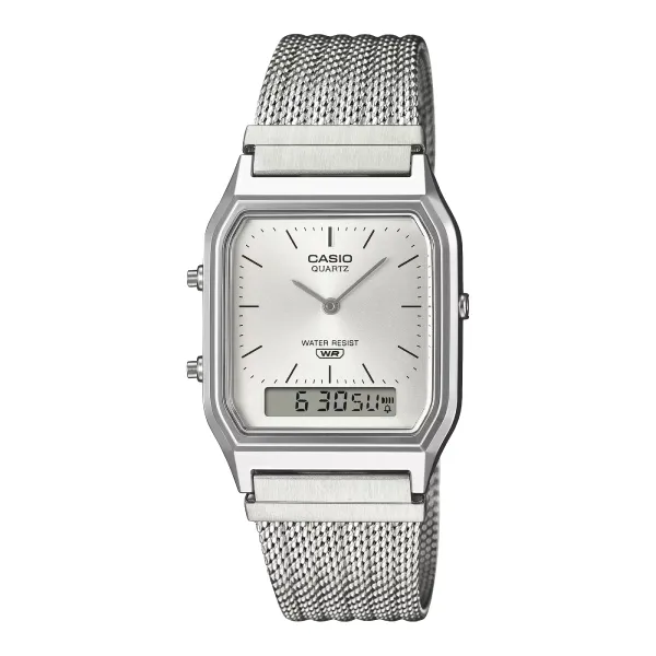 Casio Vintage AQ-230EM-7A Analog-Digital Silver Dial Mesh Band Unisex Watch